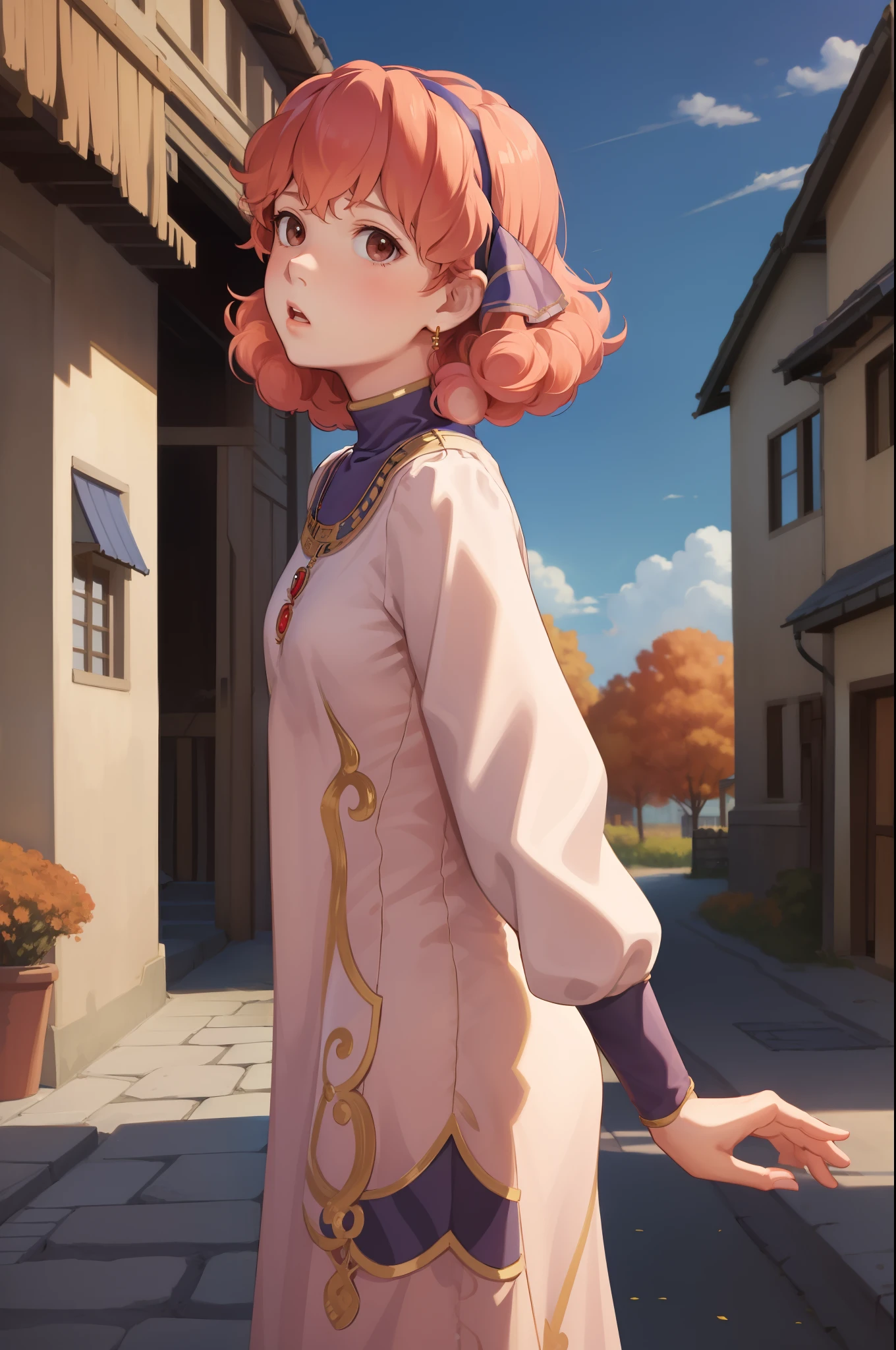 masterpiece, best quality, genny, hairband, necklace, long dress, upper body, standing, village, sky, autumn, from side, surprised, looking at viewer 