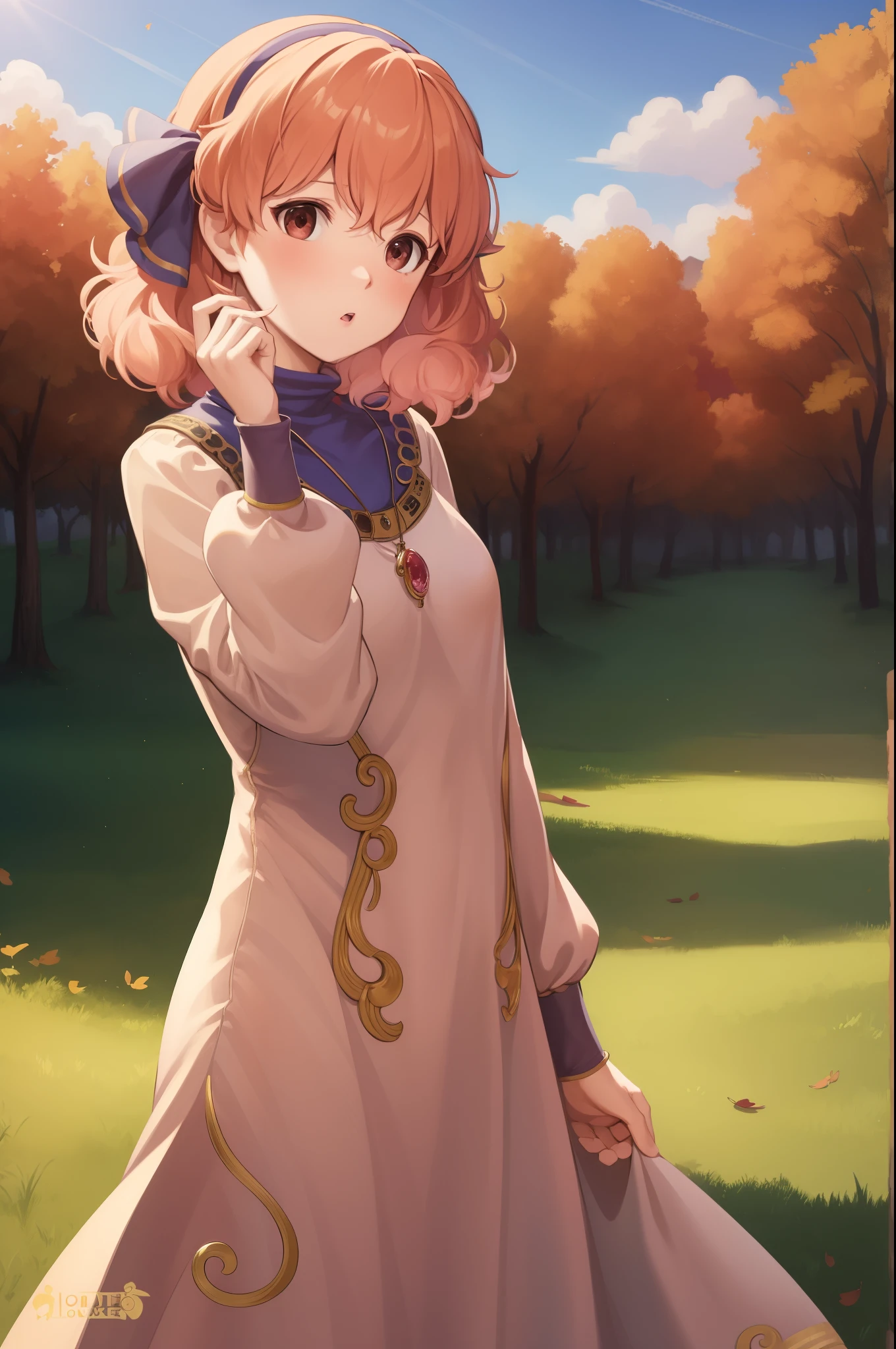 masterpiece, best quality, genny, hairband, necklace, long dress, upper body, standing, village, sky, autumn, from side, surprised, looking at viewer 