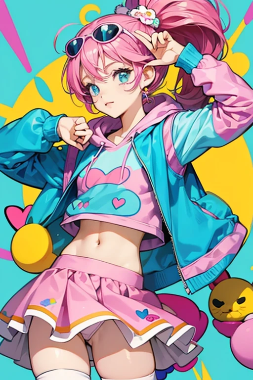 Decora is inspired by cartoon characters from the ’80s, and the aesthetic of 80s shows and themes. Characters like Strawberry Shortcake, Hello Kitty, Care Bears, Pokemon, and The Smurfs are all popular themes in Decora outfits. T-shirts with these themes, or hoodies, are commonly used.
Tutu skirts are also popular in the style, along with legwarmers, arm warmers, and knee-high socks.
Decora often features a variety of textures within one outfit to add to the eclectic style.