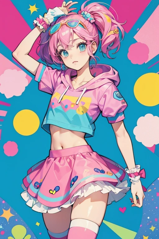 Decora is inspired by cartoon characters from the ’80s, and the aesthetic of 80s shows and themes. Characters like Strawberry Shortcake, Hello Kitty, Care Bears, Pokemon, and The Smurfs are all popular themes in Decora outfits. T-shirts with these themes, or hoodies, are commonly used.
Tutu skirts are also popular in the style, along with legwarmers, arm warmers, and knee-high socks.
Decora often features a variety of textures within one outfit to add to the eclectic style.