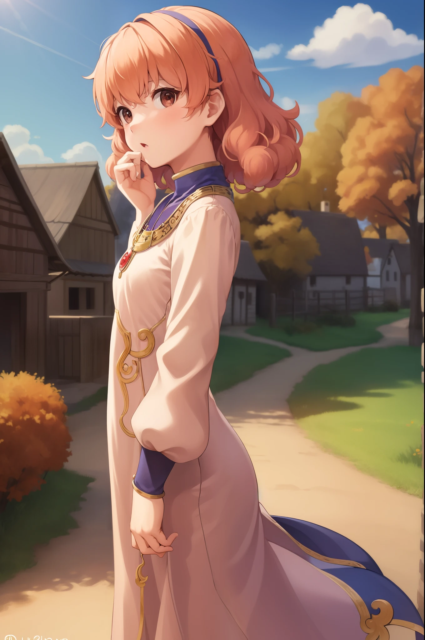 masterpiece, best quality, genny, hairband, necklace, long dress, upper body, standing, village, sky, autumn, from side, surprised, looking at viewer 