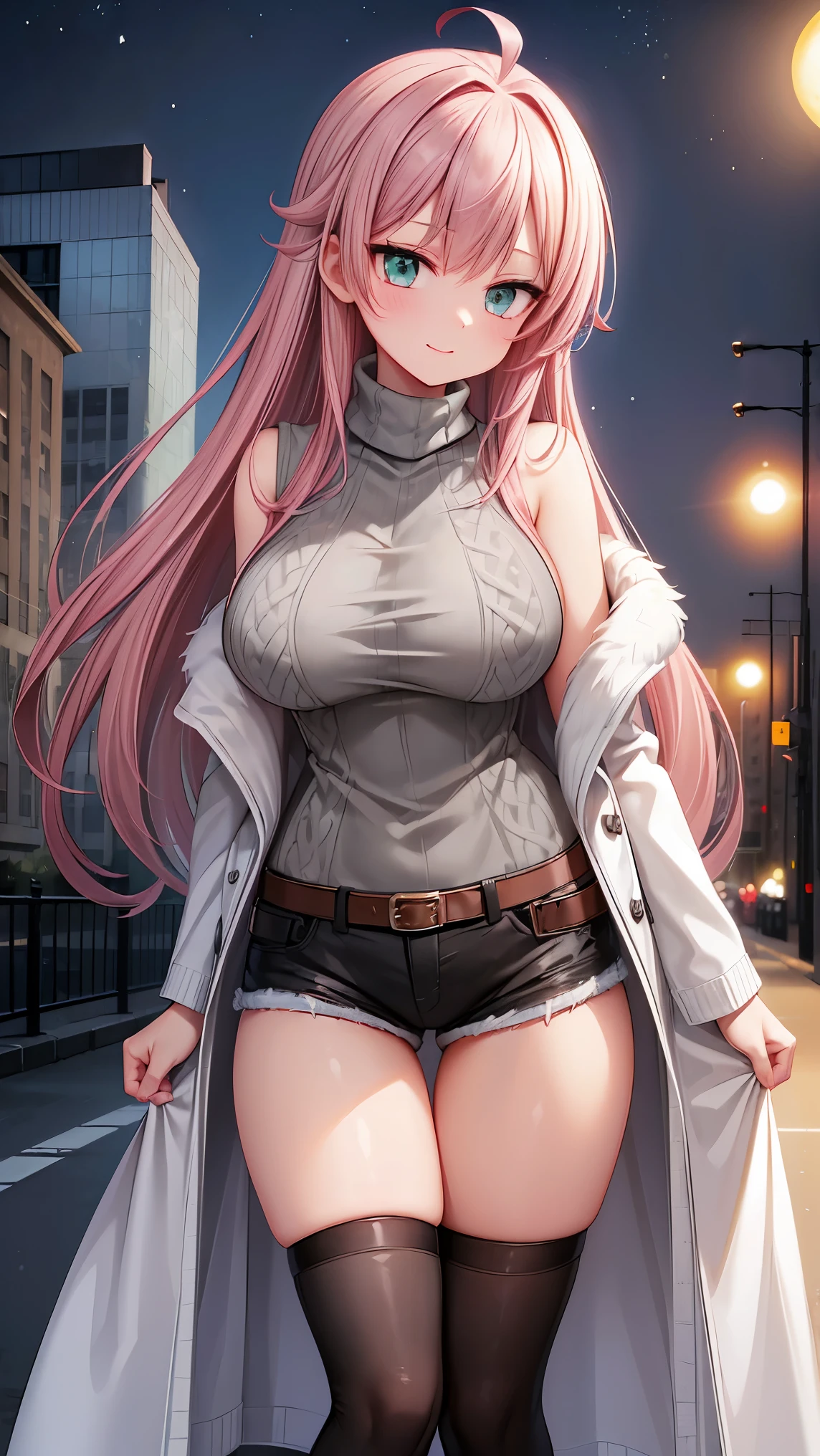 (masterpiece,best quality, detailed,hires:1.4),portrate,1girl,standing,****,(solo:1.4),winter city scape,(street:1.3),(big moon,detailed full moon,night sky,fine sky),BREAK,super dericate hair,ahoge,pink hair,long hair,detailed face,(green eyes),beautiful detailed eyes,sparkling eyes,big eyes,tareme,bloom,glowing,glowing skin,huge breast,BREAK,(put on white long coat,with white fur:1.4),BREAK, (gray turtleneck sweater:1.48),BREAK,(denim short shorts:1.2), (black stockings:1.4),(brown long boots:1.2),close up breast,(happy:1.4),blush,(head to crotch,below the knee and feet are out of sight:1.4),from below,