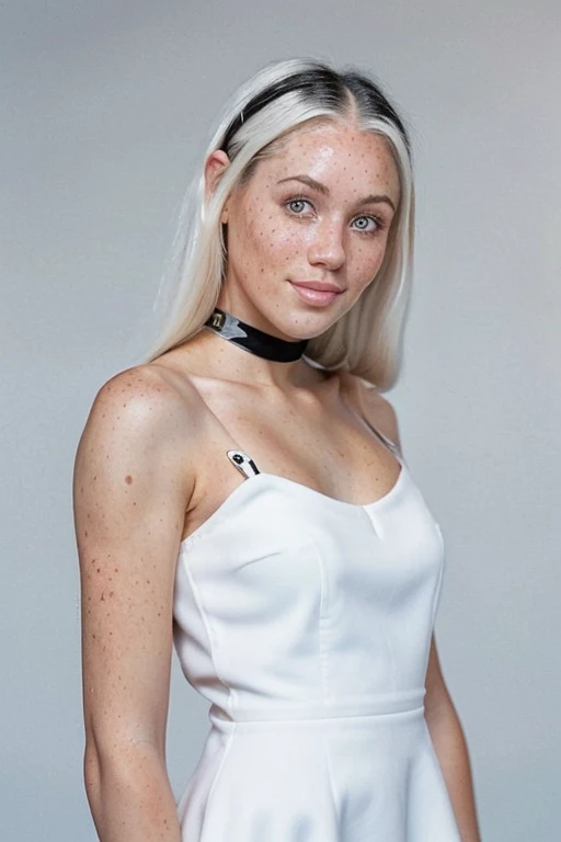 (full body postrait: 1.4) RAW 4k, beautiful girl 25 years old named Alyna (freckles), chin-length hair, white hair in front and black hair, black dress, portrait, Realism, ccurate,