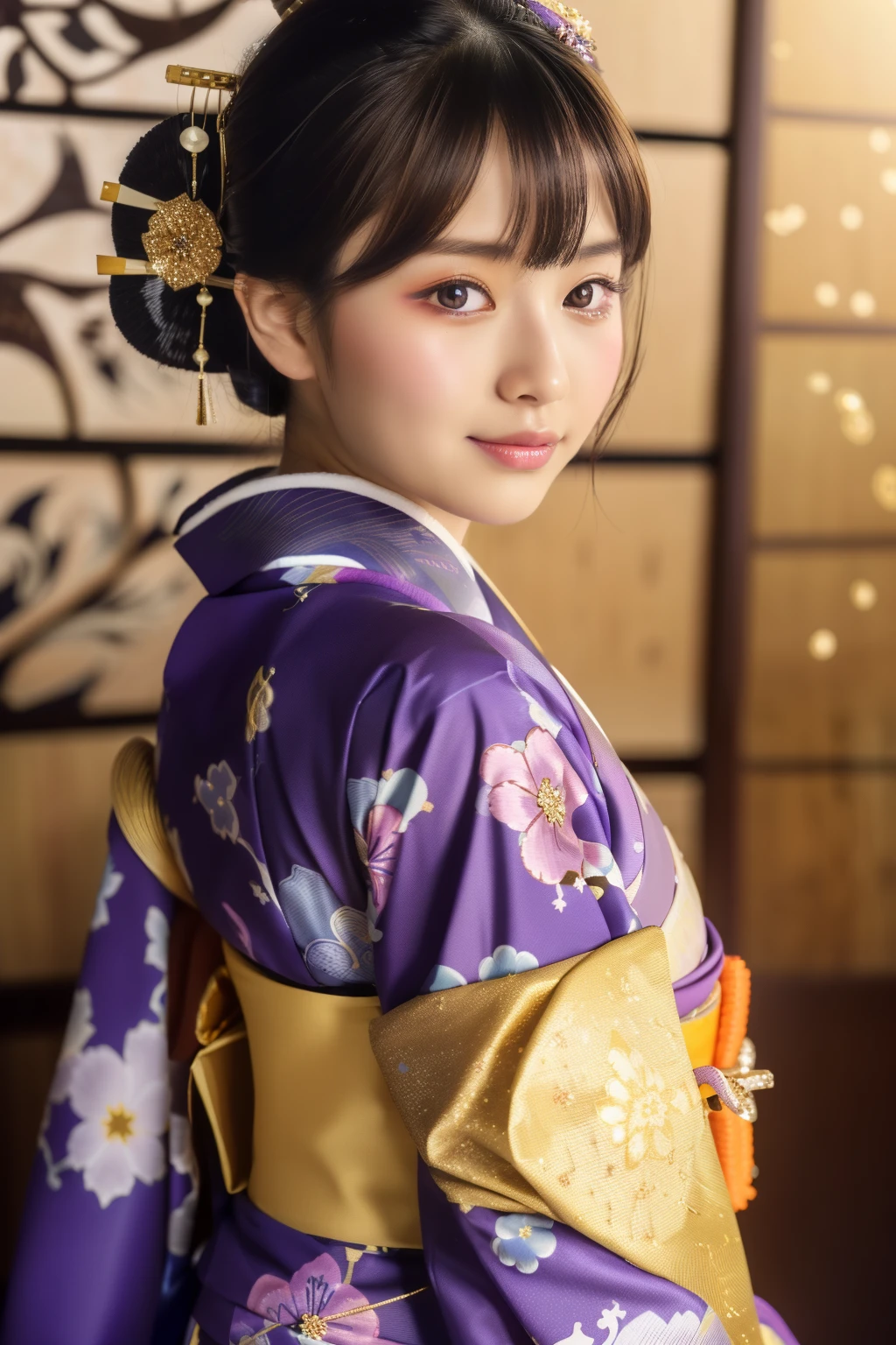 ((Masterpiece, highest quality, super definition, high resolution)), ((cowboy shot | looking back:1.3)), (1 slender woman of Japan, 24 years old), sony a7, Film grain, a dark night, Photorealistic, one-point perspective, diffuse reflection, colorful shiny particles, Lens Flare, Soft lighting, seductive smile, Dark Brown Hair, ((Hair up)), Nipple bulge, BREAK ((Wearing a Rinpa kimono that uses a lot of glittering golden:1.5)), ((The main color is golden and the Rinpa Kimono has very colorful embroidery:1.2)), (elaborately made classical Japanese Rinpa-style Kimono), ((The embroidery pattern is a peacock, a running water pattern, and colorful flowers):1.2), ((elaborately and elegantly decorated Golden Kimono)), (red_color Fine Floral Pattern:1.4), (Fine hair ornaments:1.3), Ultra Detailed Face, Detailed Eyes, Double Eyelids, Wearing a traditional patterned Japan kimono:1.3, Huge breasts:1.2, (purple_color background:1.3), (Random Japanese Pattern Background:1.4), (gradation:1.3), High Quality, 4K,