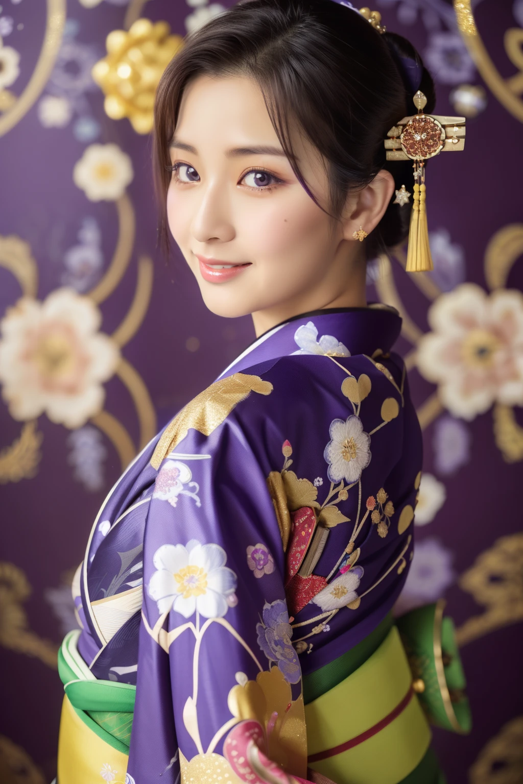 ((Masterpiece, highest quality, super definition, high resolution)), ((cowboy shot | looking back:1.3)), (1 slender woman of Japan, 24 years old), sony a7, Film grain, a dark night, Photorealistic, one-point perspective, diffuse reflection, colorful shiny particles, Lens Flare, Soft lighting, seductive smile, Dark Brown Hair, ((Hair up)), Nipple bulge, BREAK ((Wearing a Rinpa kimono that uses a lot of glittering golden:1.5)), ((The main color is golden and the Rinpa Kimono has very colorful embroidery:1.2)), (elaborately made classical Japanese Rinpa-style Kimono), ((The embroidery pattern is a peacock, a running water pattern, and colorful flowers):1.2), ((elaborately and elegantly decorated Golden Kimono)), (red_color Fine Floral Pattern:1.4), (Fine hair ornaments:1.3), Ultra Detailed Face, Detailed Eyes, Double Eyelids, Wearing a traditional patterned Japan kimono:1.3, Huge breasts:1.2, (purple_color background:1.3), (Random Japanese Pattern Background:1.4), (gradation:1.3), High Quality, 4K,
