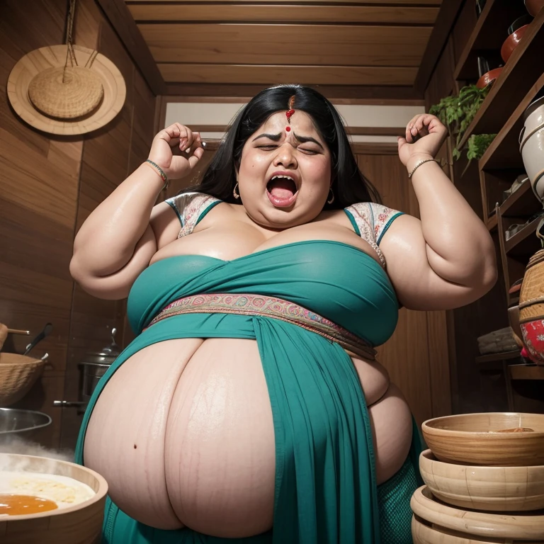 morbidly obese indian aunty screaming in pain from overeating, very tight kurta, ussbbw, very gigantic very fat swollen pot belly, small breasts, her big belly is heavier than 50 kg, pregnant with octuplets, resting hands on big belly, in extreme pain from overeating, she is moaning and cringing, she is screaming in excruciating pain from overeating, she is tightly scrunching her face, burping