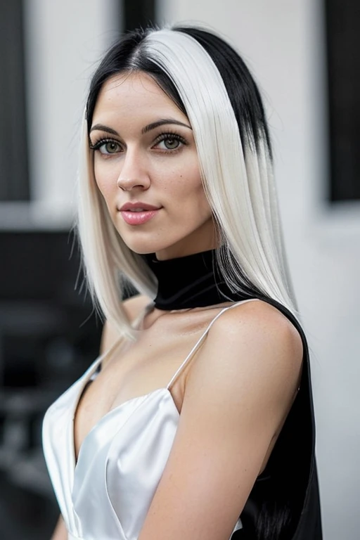 (full body postrait: 1.4) RAW 4k, beautiful girl 25 years old named Alyna, chin-length hair,  white hair in front and black hair, lattex dress, portrait, Realism, ccurate, 