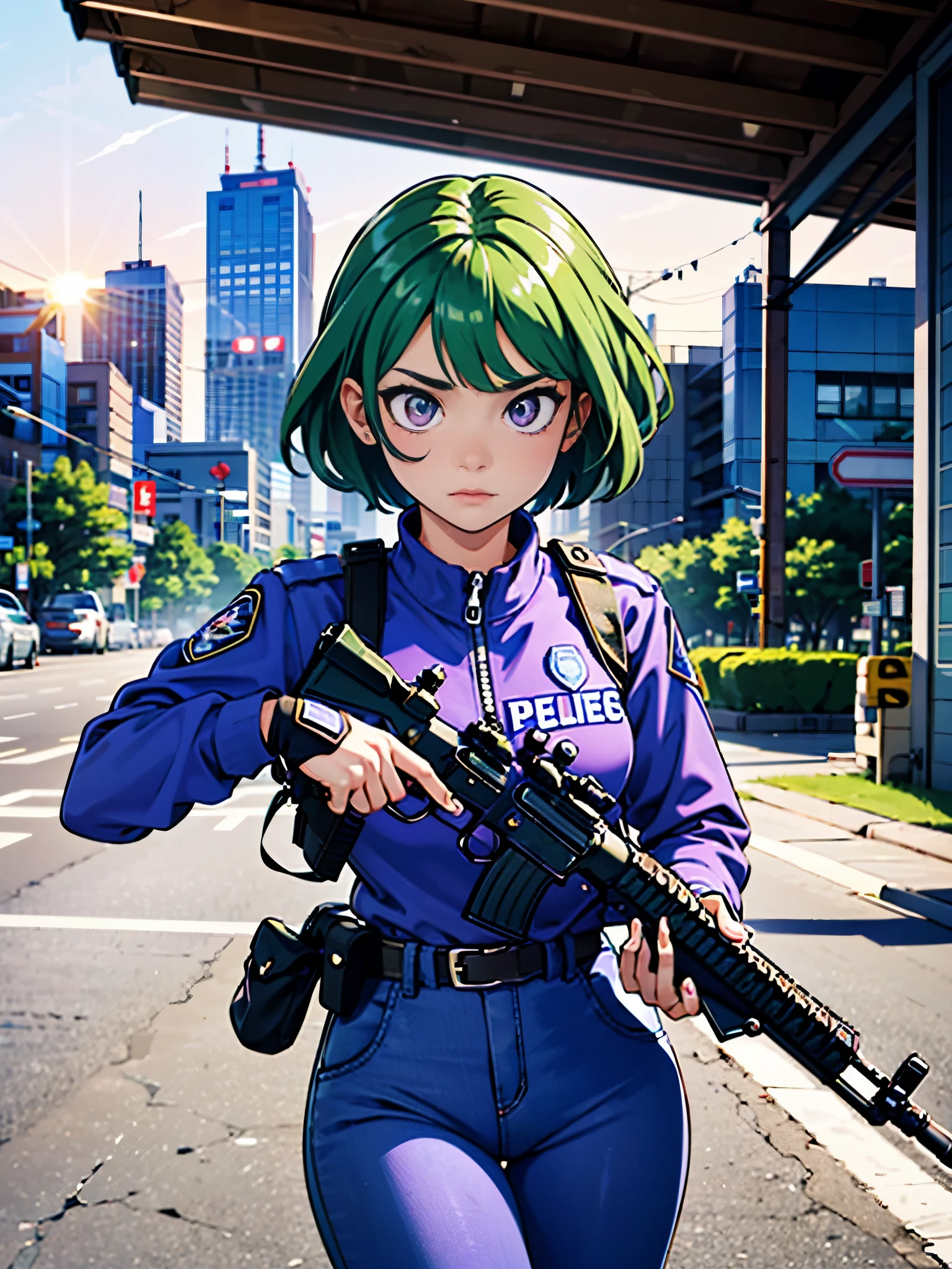 (((pixel-perfect, detail-perfect))), 1girl, solo focus, canadian police officer, SWAT uniform, SWAT gear, pants, green hair, short hair, ((purple eyes)), ((using weapon, using rifle, using m4a1)), in front of a patrol cruiser, toronto city backdrop, cowboy shot, sunset, pixel-perfect, detail-perfect, curious look on her face, ultra highres, absurdres, beautiful face, detailed eyes, symmetric eyes, perfect body, good proportions, adetailer