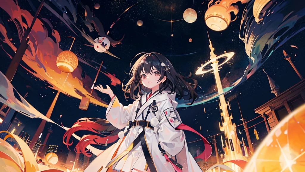 (1 girl, black hair, white robe, kawaii), (universe)