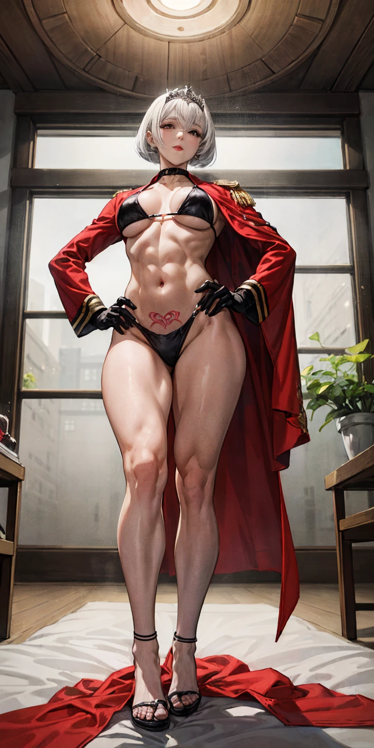 full body female (Warhammer Art Style, Adepta Sororitas, Battle Sister, White hair, bob haircut with bangs. 16k ultra hd, portrait), holding hands a bouquet (both hands) photorealistic, fullbody, bedroom background, royal bedroom, black gloves, black socks, tiara, white hair, laying down on bed, red cape, yellow bikini, high heels, raw photo, DSLR, 8k, 4k, UHD, DSLR, high quality, soft lighting, nikon, canon, hands on hips. red tattoo on belly, far shot, from below