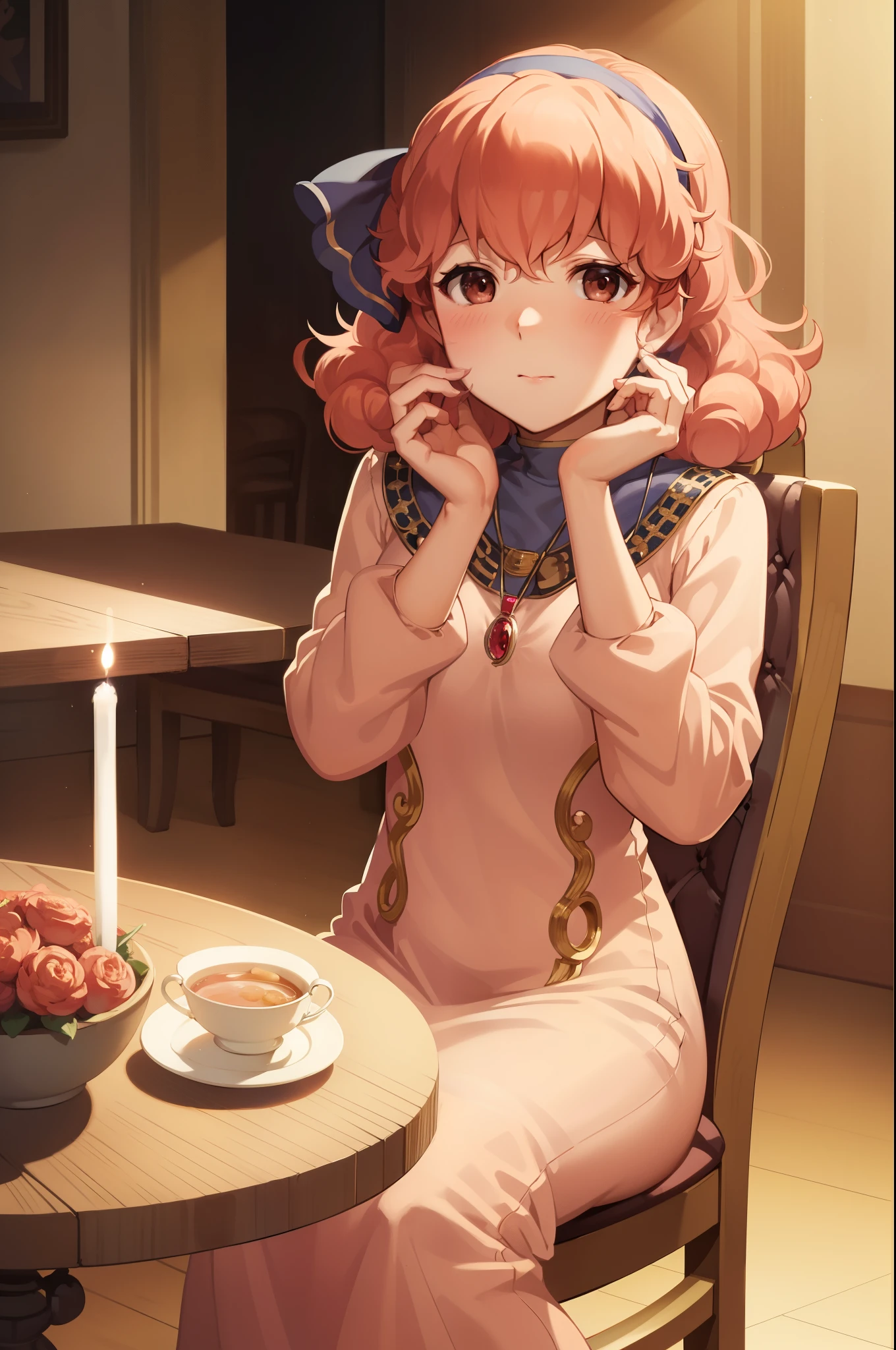 masterpiece, best quality, genny, hairband, necklace, long dress, sitting, dining table, chair, sitting in chair, looking at viewer, blush, closed mouth, wide open eyes, indoors, hands on table 