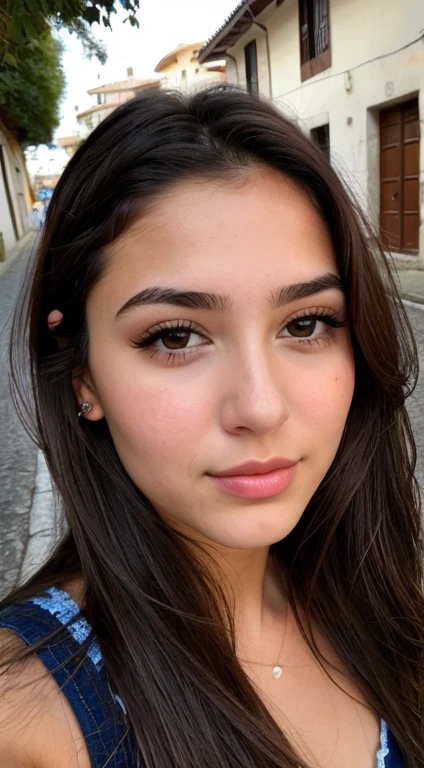 Photo of a 20 year old brunette woman., que tiene una cara muy natural, labios delgados, ojos delgados, cejas finas, nariz fina, pendientes, long eyelashes. Ella hace una linda selfie en una calle oscura nevando
