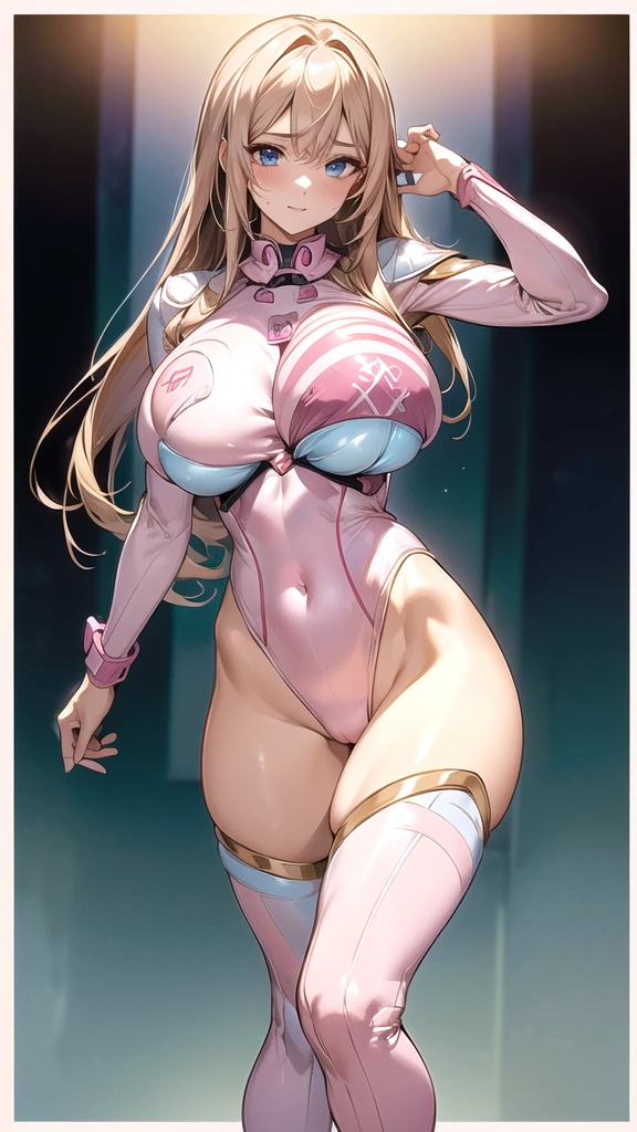 ((masterpiece)), ((high quality)), ((super detailed)), ((high resolution)), ((8k)), a beautiful woman, ((She is one of the most famous actress in Japan.)), unparalleled beauty, ((large breast:1.6)), ((large ass:1.2)), ((deep cleavage:1.2)), slim waist, chest out, ultra detailed face, perfect skin, (((waist length hair, long light brown straight hair, hime cut))), light blue eyes, ultra detailed eyes, whole body image, sexy, an inviting smile, sensual, (((anime))), ((glamorous)), sexual attraction ,25 years old, ((incredibly beautiful woman)), ((The H cup bust)), ((neat and clean.)) , (((Power Ranger))), heroine, (((high leg leotard power suit, white line on pink colored power suit:1.4))), ((combat medic:1.2)), ((beautiful breasts)), beautiful legs, 8 life size, anime:1.4, wet, the most beautiful and strongest, ((charm)), ((Russian beauty)), ((((gravure pose)))),