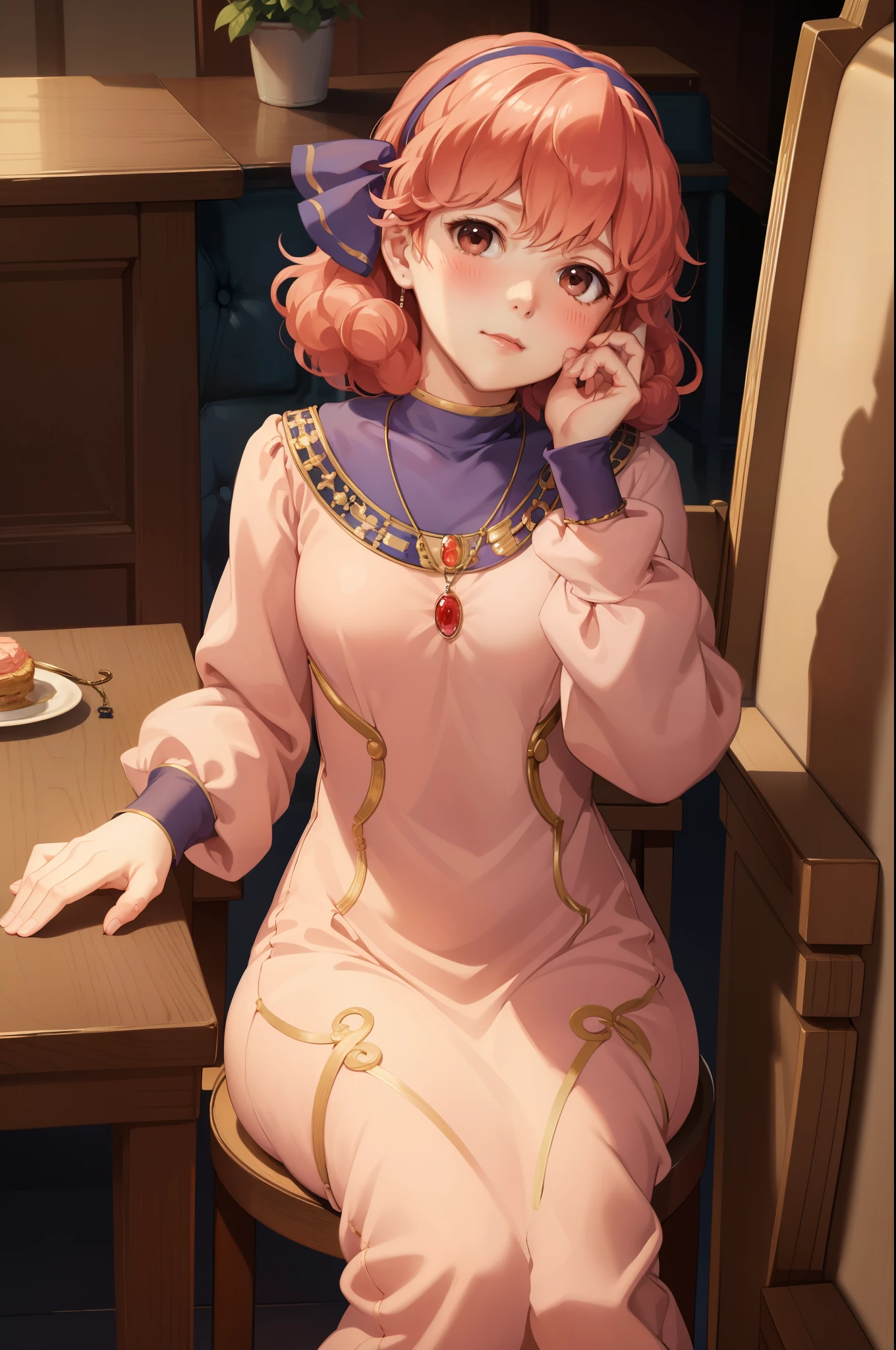 masterpiece, best quality, genny, hairband, necklace, long dress, sitting, dining table, chair, sitting in chair, looking at viewer, blush, closed mouth, wide open eyes, indoors, hands on table 