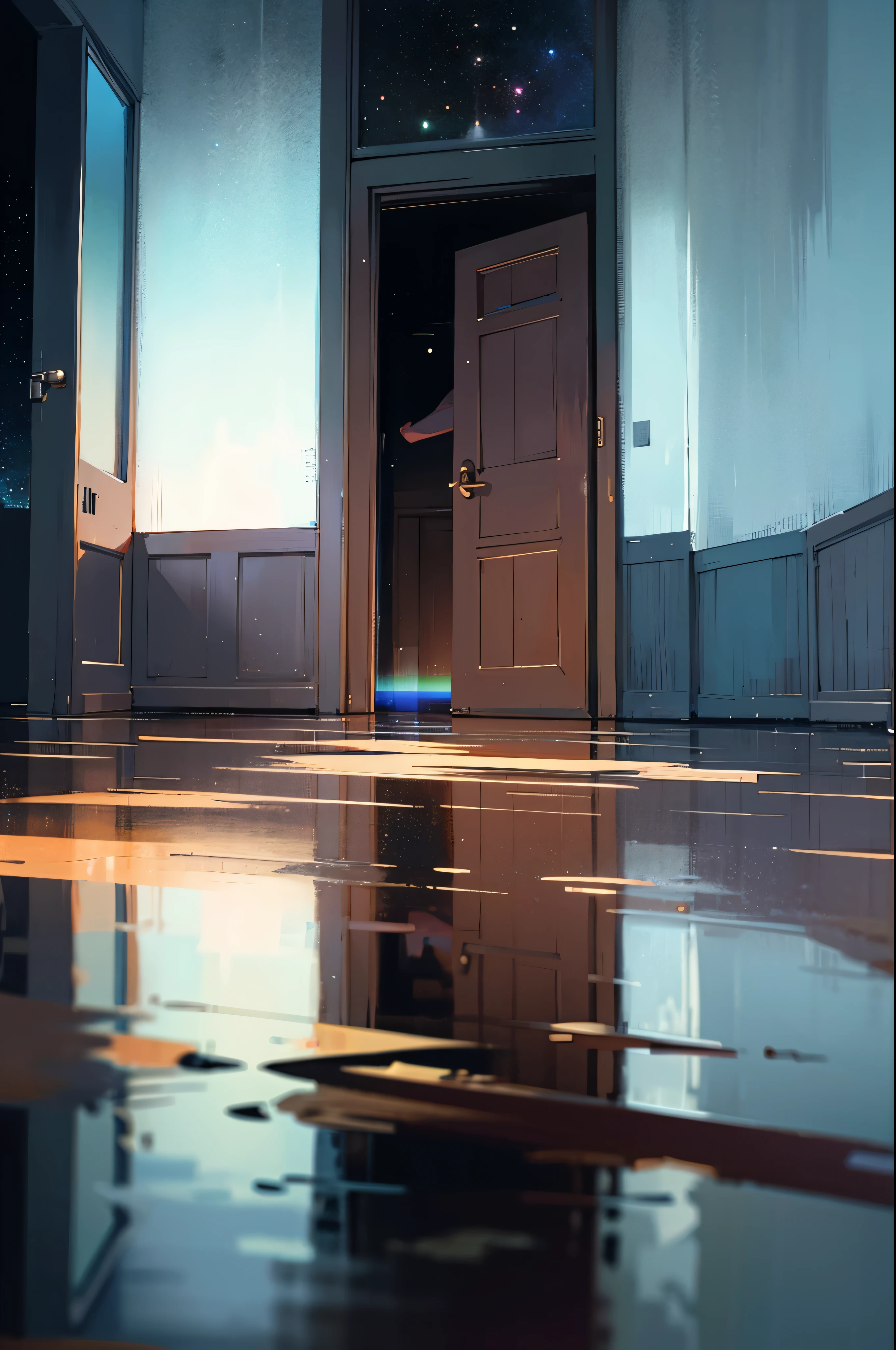 adoor standing alone in the middle of the dark night sky, a reflection of the night sky on the ground as if the ground is a calm water surface with no disturbances. a letter being placed on the surface of the water in front of the door
