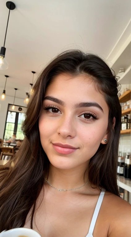 ((best quality)), perfect beautiful oval face brunette young woman tan sun kissed light skin full lips latin girl 23 years old skinny body very long and raven black hair, realistic skin and hair texture, selfie photo