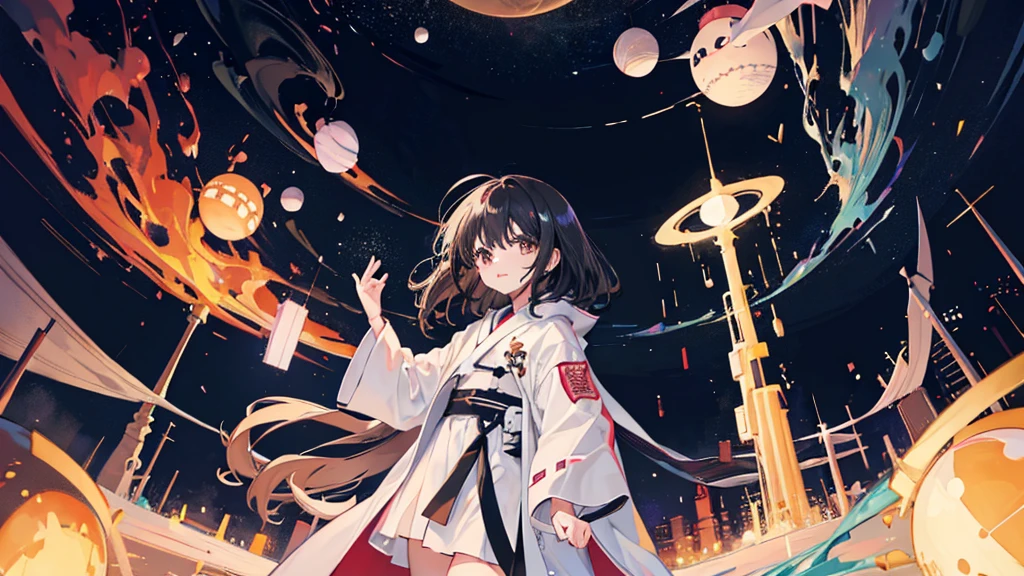 (1 girl, black hair, white robe, kawaii), (universe)