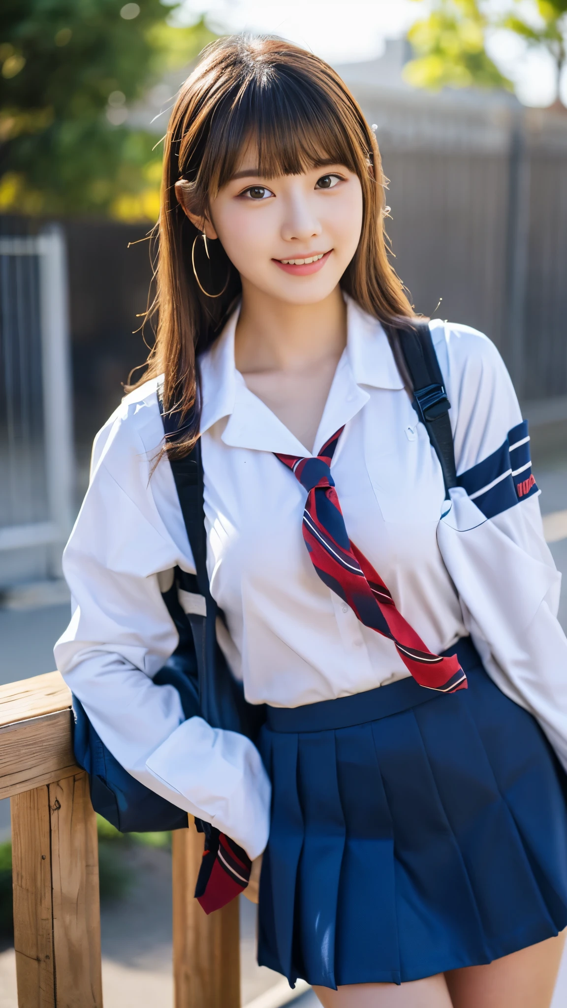 mix 4, (16k, RAW photo, best image quality, masterpiece: 1.45), (realistic, Photoreal: 1.37), one girl, cute, cityscape,, professional lighting, photon mapping, school classroom, Physically based rendering, dark brown hair,ponytail hairstyle, Beautiful well-groomed eyes、((double eyelid))、super cute girl, (((、blazer、Long-sleeved shirts worn by Japanese high school girls、ribbon tie、Navy blue super super mini skirt,、dark blue socks、black loafers))), highest quality photos, High resolution, 1080P, (clean face), (Detailed facial description), (Detailed explanation of hands), (masterpiece), (Detailed CG)、extreme light and shadow、messy hair、master work、Rich details、(detailed facial features)、(highest quality photos)、(Masseter muscle part)、(fine eyes)、look in front of you、thin clavicle、((slender and large))、(((Japanese high school girls wear long-sleeved shirts)))、((neat idol))、((school gate、schoolyard、School building in the background))、(Take photos from random viewpoints)、(((anyway that&#39;s cute)))、earrings、big smile、Draw the whole body from the knees、Don&#39;t draw thin lines、(((Sports bags used by Japan schoolgirls)))、(small breasts:1.2)、small buttocks with tension、Two arms and two legs、(((from the front:0.7)))、bare hands、(((symmetrical eyes)))、standing pose、put one&#39;s hand on the desk、Do not remove the tie from the jacket､