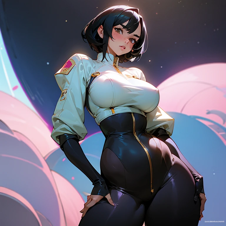 Distressed, MILF, huge tits, big breasts, black hair, short black hair, annoyed, large breasts, shirt covering breasts, facing forward, thick, embarrassed, flustered, mature woman, plump lips, thick lips, prominent lips, swollen breasts, kissable lips, big lips, very plump lips, shame, thick eyebrows, jump suit, future, space bounty hunter, tight jump suit, space adventurer, thick thighs, athletic, indignant, confused, standing straight, facing forward, space station, facing screen, looking forward, eye contact, wide hips, bearing hips, motherly hips, blushing intensely, space dandy, surrounded by aliens, nervous, scared, hentai, space hentai, in distress, Soi Fon, mature woman, mature female, detailed, well drawn