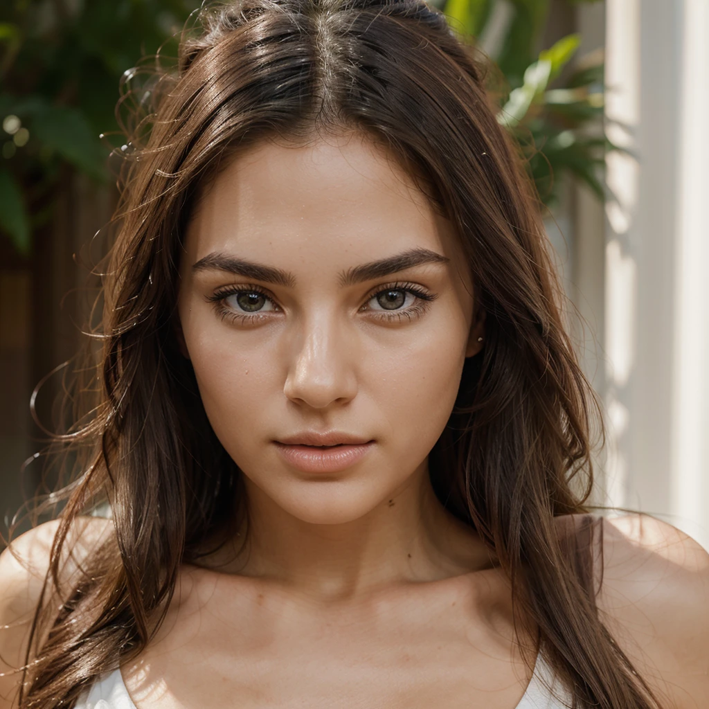 A hyperrealistic and photorealistic image of a beautiful woman with a perfectly symmetrical and exotic face. She has white skin, light eyes, full and long hair that's just a little wavy, perfect eyebrows, a perfect nose, and an attractive mouth. The image shows her from the half body, dressed in modern clothes. The focus is on capturing the exquisite details of her features, embodying both symmetry and exotic allure.