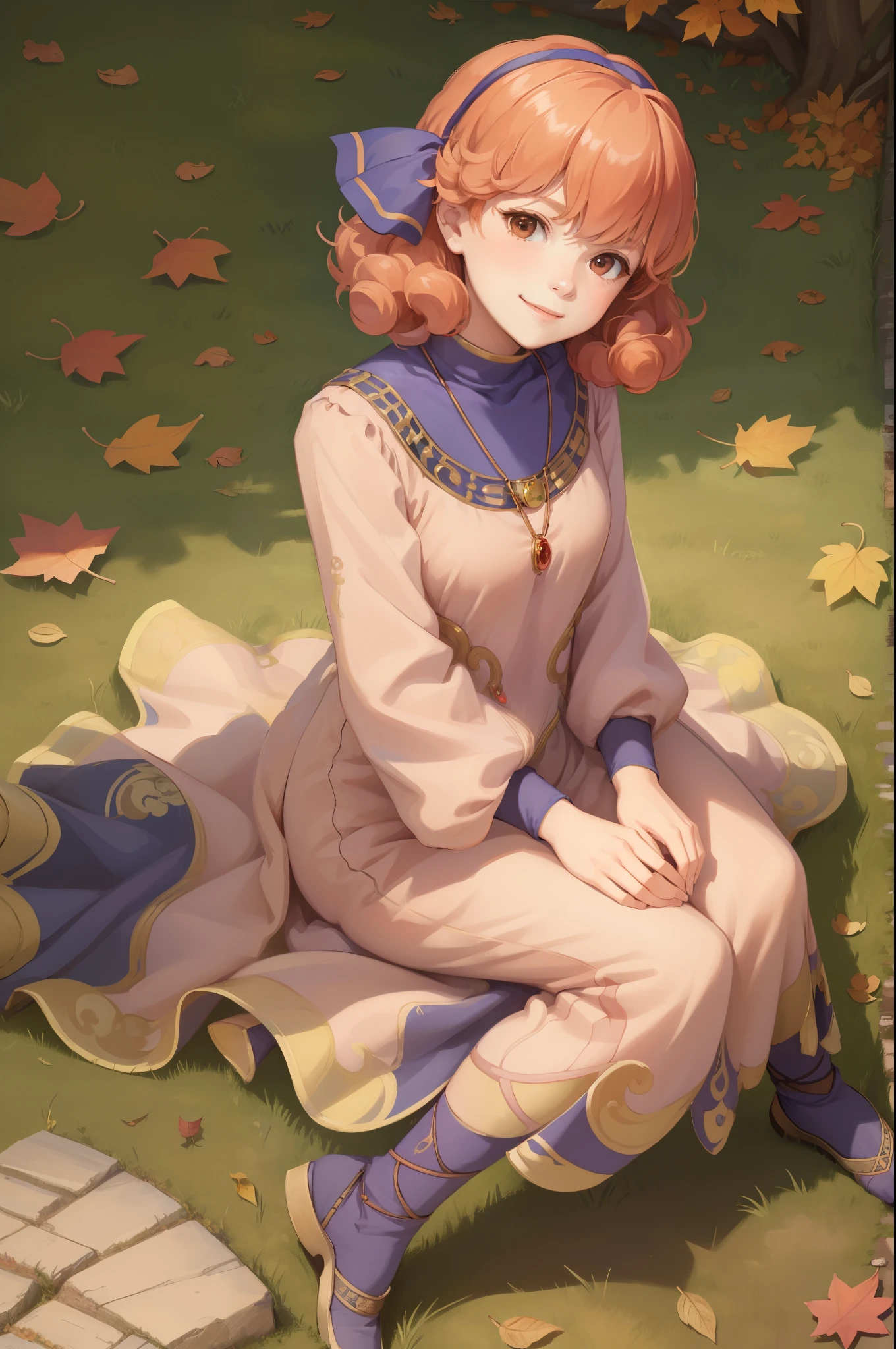 masterpiece, best quality, genny, hairband, necklace, long dress, sitting on the ground, grass, fallen leaves, looking up, from above, autumn, village, looking at viewer, smile, furrowed brow 