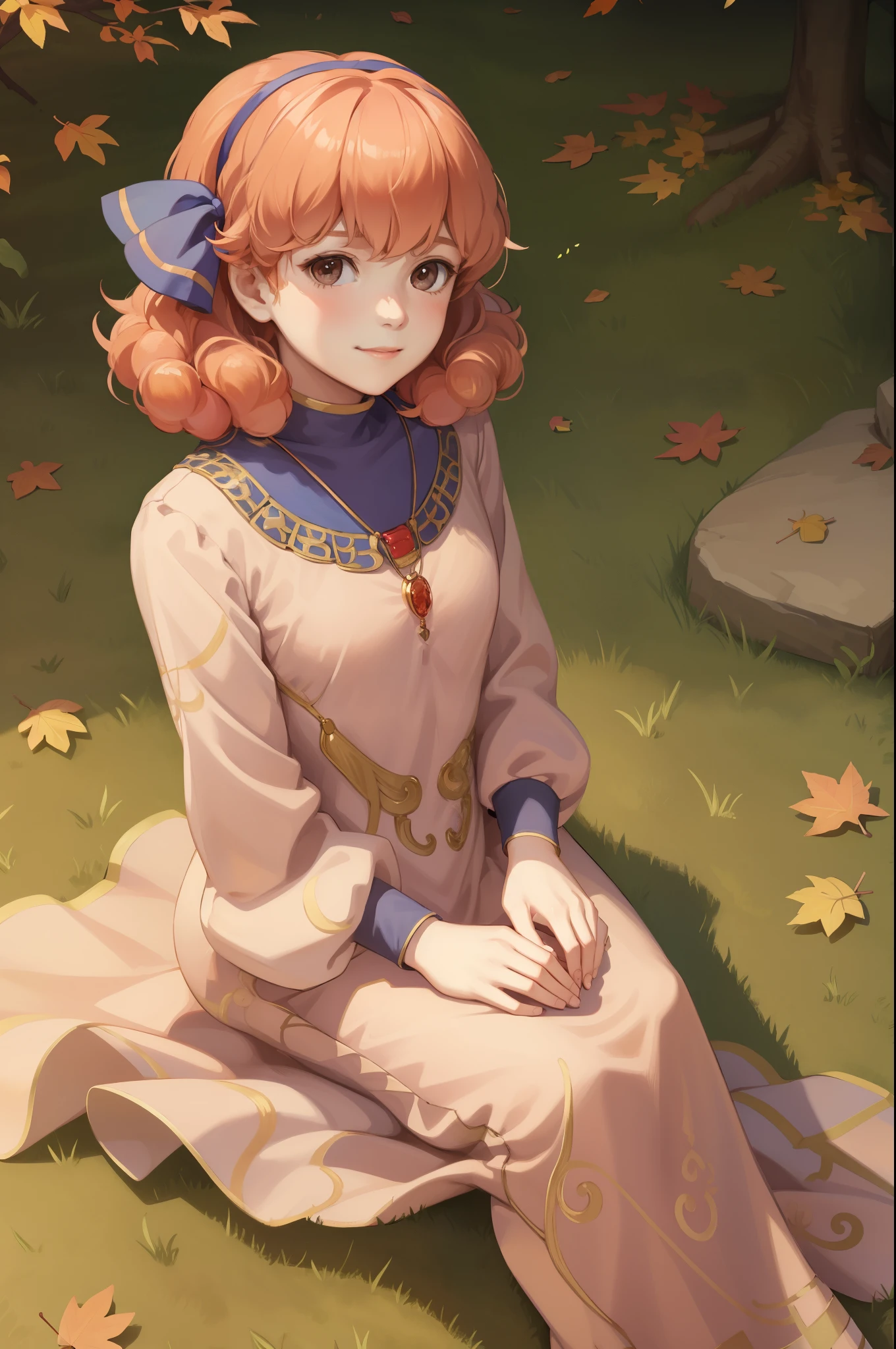 masterpiece, best quality, genny, hairband, necklace, long dress, sitting on the ground, grass, fallen leaves, looking up, from above, autumn, village, looking at viewer, smile, furrowed brow 