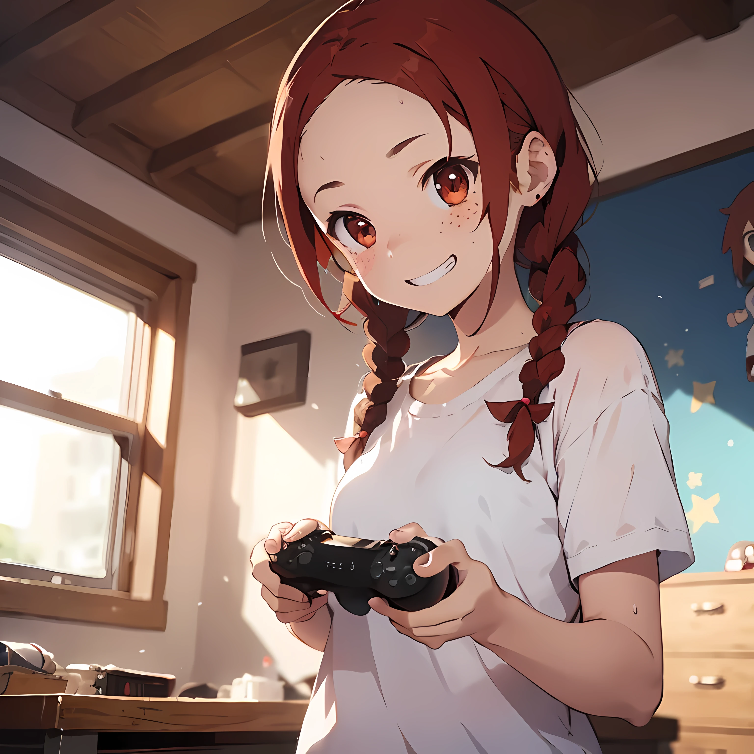 Anime image of a woman with red hair and blue eyes, alone, grin and laugh, (amount:1.2), (redhead), ((short bangs)), (twin braids), (freckles:1.1), game controller in both hands, Sweat, (look away), indoor, (dark bedroom), Upper body,