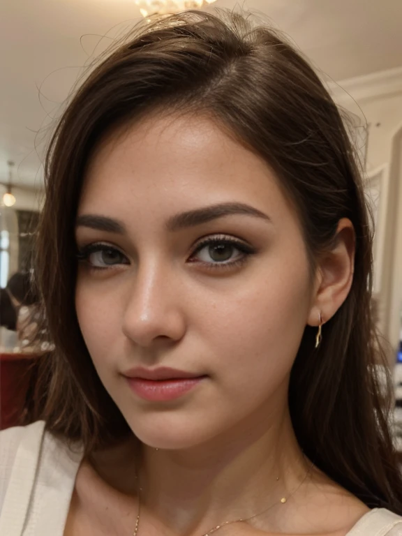 (best quality,ultra-detailed,realistic:1.37),portrait,beautiful 20-year-old brunette woman,thin lips,thin eyes,thin eyebrows,thin nose,earrings,long eyelashes,she takes a cute selfie in a cafe
