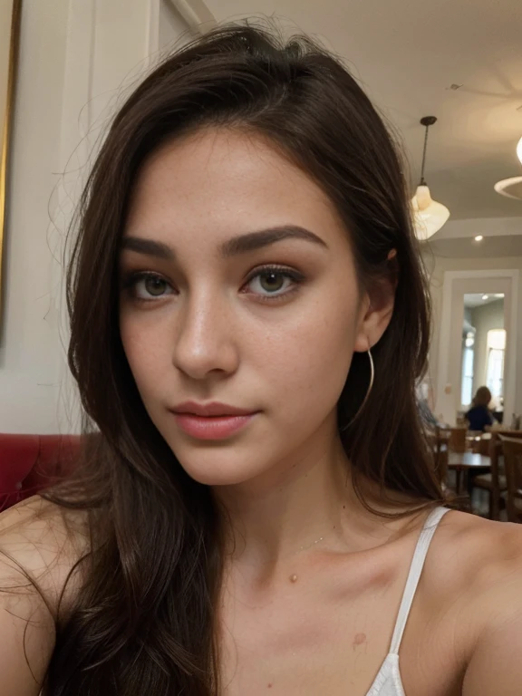 (best quality,ultra-detailed,realistic:1.37),portrait,beautiful 20-year-old brunette woman,thin lips,thin eyes,thin eyebrows,thin nose,earrings,long eyelashes,she takes a cute selfie in a cafe