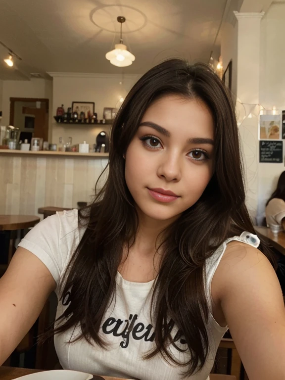 Photo of a 20 year old brunette woman., que tiene una cara muy natural, labios delgados, ojos delgados, cejas finas, nariz fina, pendientes, long eyelashes. She takes a cute selfie in a cafe.