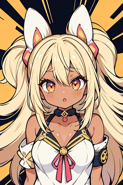 1WOMAN, Solo, One pretty black woman with light, tan skin. Large breasts. Honey blonde hair with honey blonde cat ears. Sexy, grey eyes with hearts in them. Flowy Blonde hair with bangs, while in a playboy bunny costume. She has big pink, juicy, lips. Her hair is flowing behind her. The background is a light pink, cloudy background.