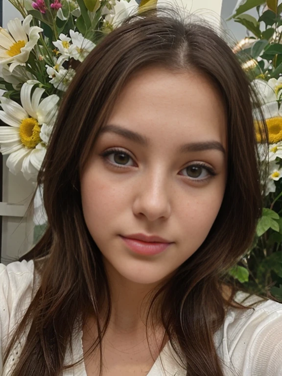 Photo of a 20 year old brunette woman., que tiene una cara muy natural, labios delgados, ojos delgados, cejas finas, nariz fina, pendientes, long eyelashes. Ella hace una linda selfie entre las flores