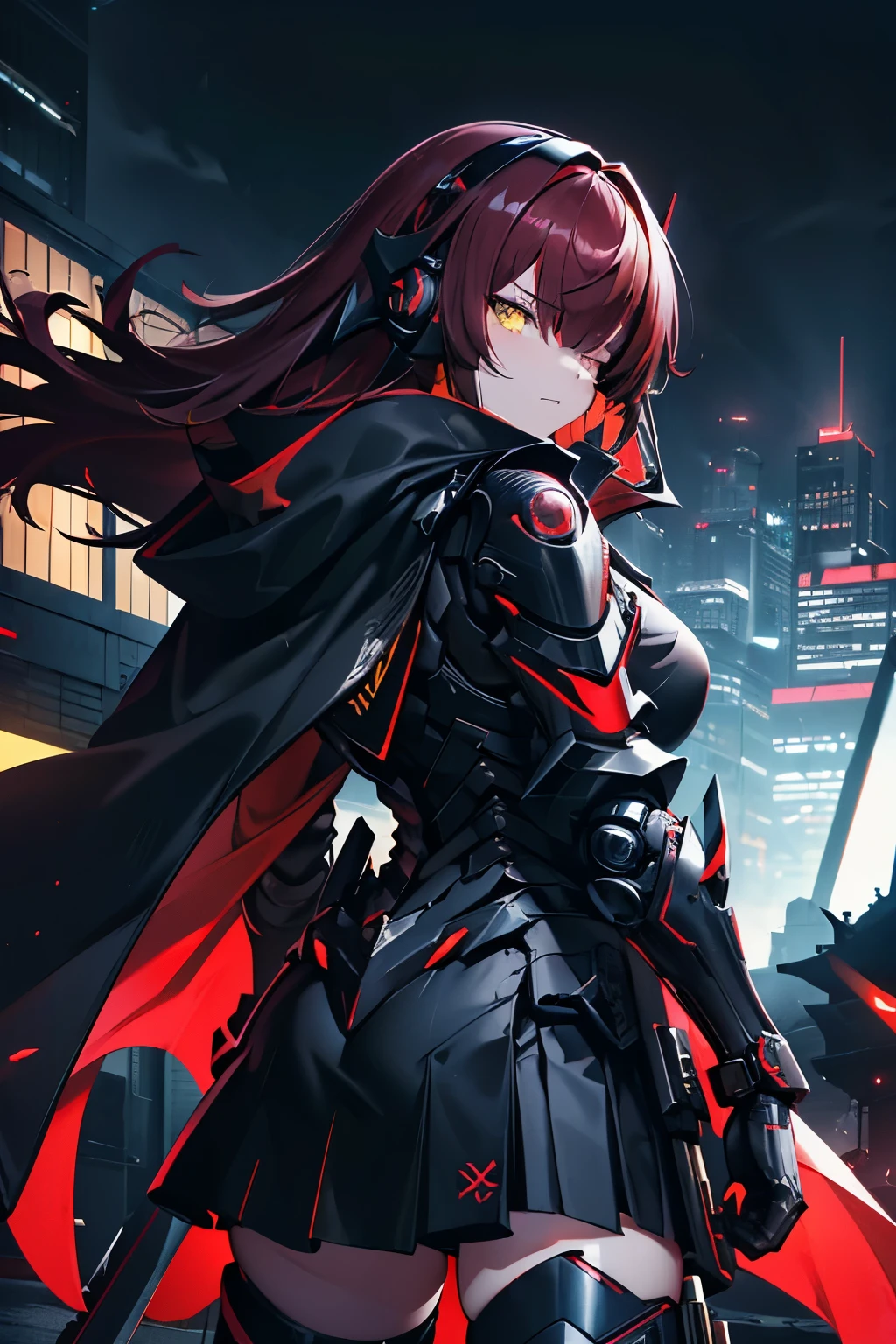 tactical night ninja girl, (((yellow eyes))), ((long blunt dark red hair)), (((bangs covering over one eye))), ((mechanical headphones)), angry expression, highly detailed, (sleek dark blue and red high-tech tactical power armor with a black cape cloak skirt), (back turned pose), (looking behind her), (rooftop in a well light futuristic sci-fi cyberpunk city), best quality, sharp well-defined linework, high quality, 8k professional picture