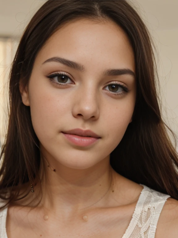 Photo of a 20 year old brunette woman., que tiene una cara muy natural, labios delgados, ojos delgados, cejas finas, nariz fina, pendientes, long eyelashes. le hacen una foto descuidada 