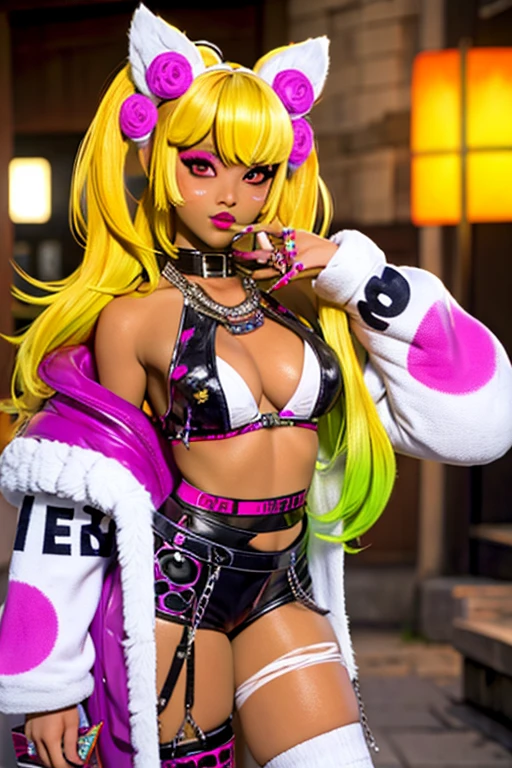 Ganguro is one of the most extreme substyles of gyaru. It features the classic gyaru silhouette but adds in extreme tanning, bright white makeup around the eyes, light-colored lipstick, and bright, often neon, colored clothing. Extremely blond died hair is also popular in the style. The substyle also often exaggerates classic gyaru features, such as extremely long nails decorated with many charms.