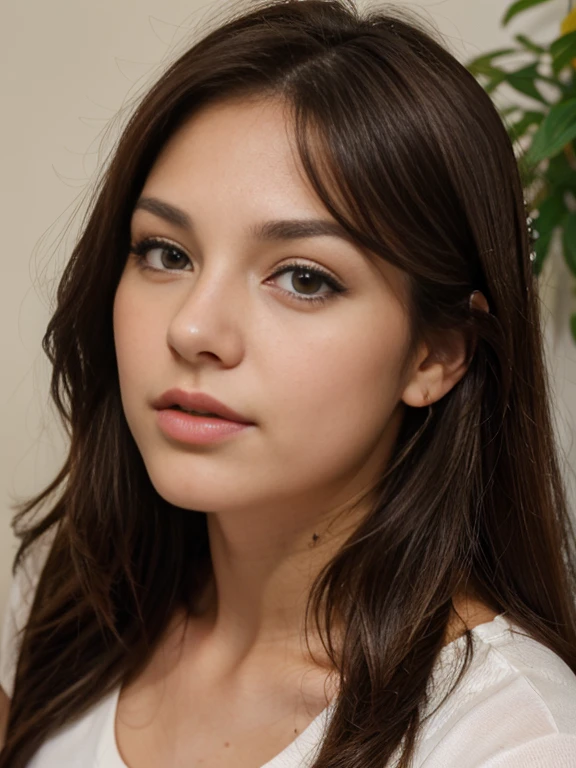 Photo of a 20 year old brunette woman., que tiene una cara muy natural, labios delgados, ojos delgados, cejas finas, nariz fina, pendientes, long eyelashes. le hacen una foto de su cuerpo de espaldas