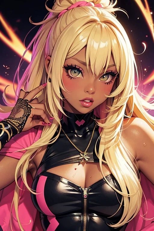 1girl, solo, best quality, 4k, masterpiece, best quality, beautiful face, dark brown skin, fat ass, medium breasts, blonde hair with the tips dyed pink, wearing leather