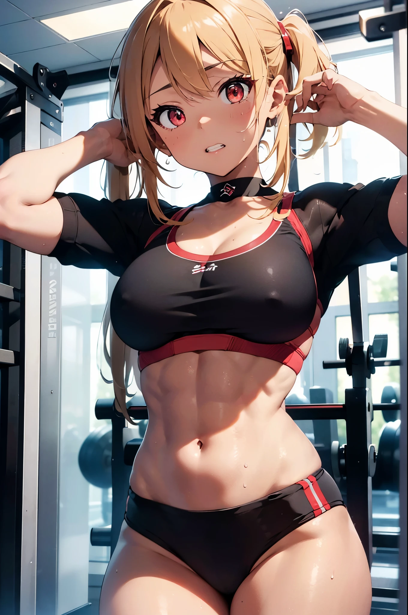 masterpiece, best quality, ultra detailed, ultra high resolution, very detailed face, solo, anime, gyaru, dark skin, blonde medium hair, twintail, full body shot, workout, (((crimson color fitness bra, black bloomer, exposing an abdomen))), small breast, slim body, (six pack abs:1.3), (musclar thighs:1.3), tired face, close mouth, teeth, sweat, in the gym, indoor
