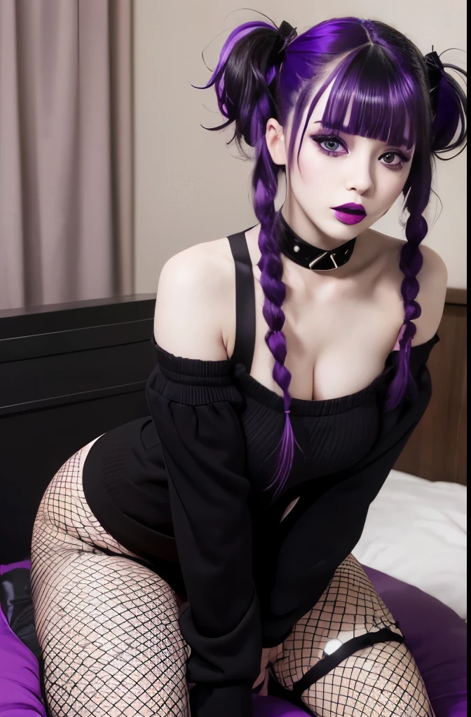 woman, goth, purple hair, off the shoulder, pigtails with choppy bangs, fishnets, full body shot, bedroom, eyeliner, smokey eyes, pale skin, black lips