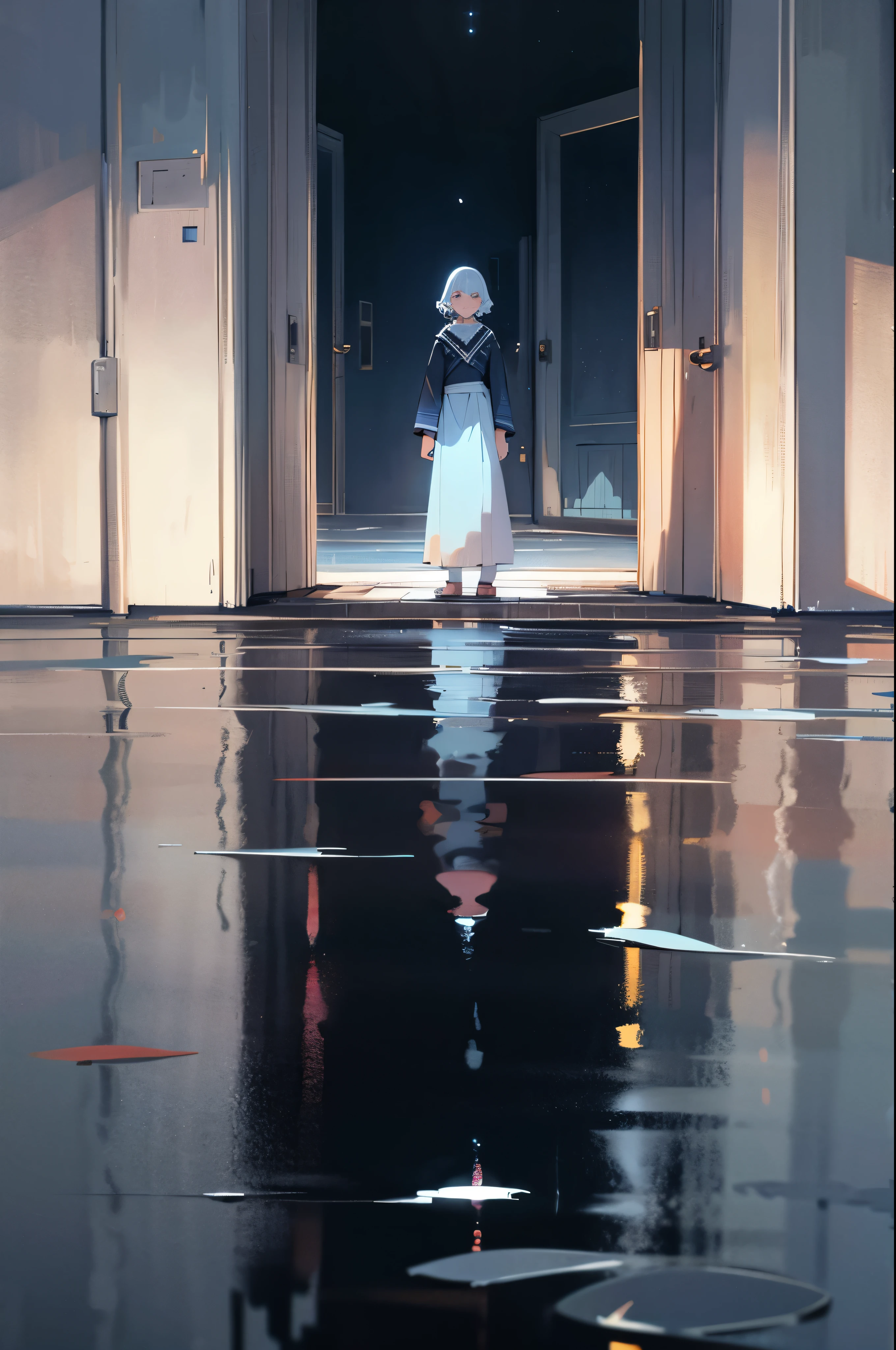 adoor standing alone in the middle of the dark night sky, a reflection of the night sky on the ground as if the ground is a calm water surface with no disturbances. a letter being placed on the surface of the water in front of the door