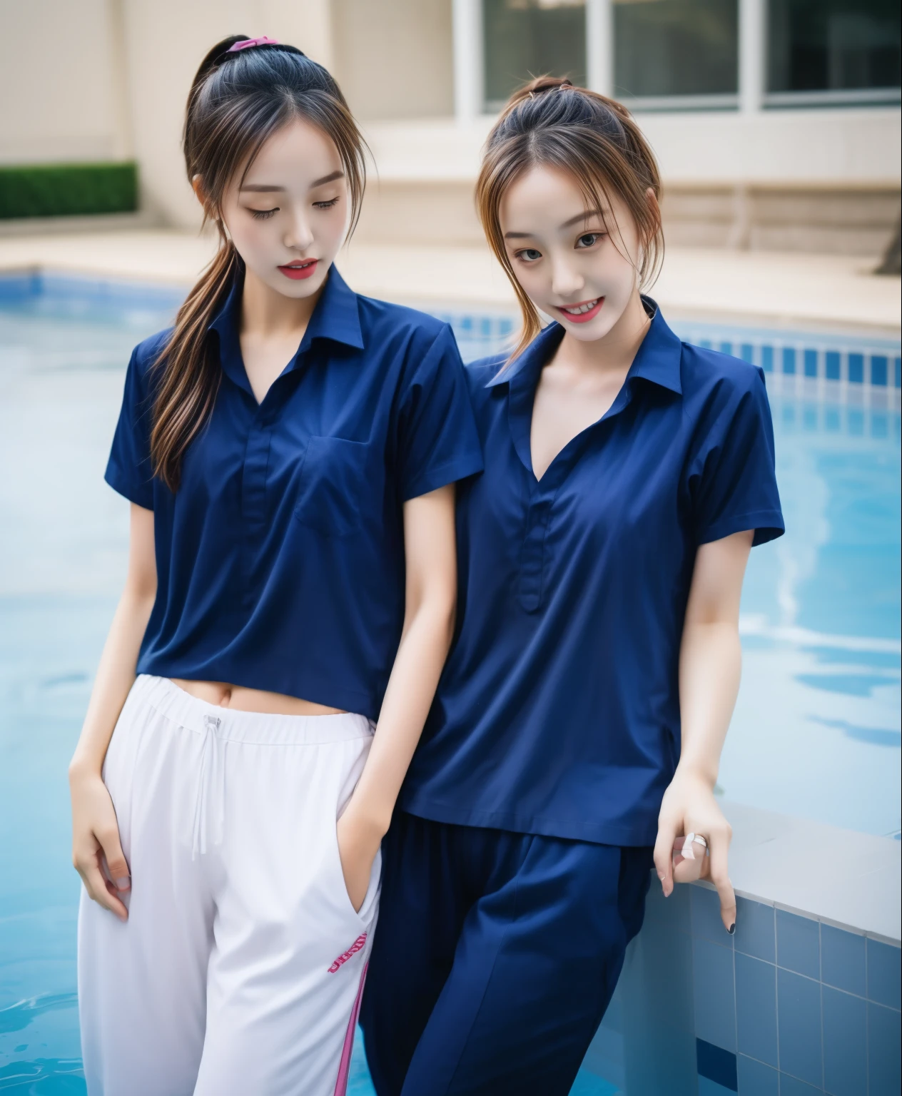 2 girls in the swimming pool, Navy blue short-sleeved shirt,Navy Long Trackpant,Sweatpants, Sweatpantsขายาว,25 year old girl, lesbian, sexy, exercise clothes, wet body