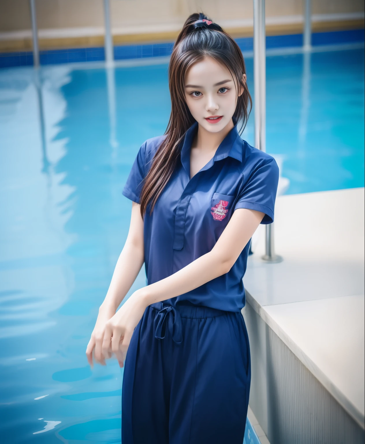 2 girls in the swimming pool, Navy blue short-sleeved shirt,Navy Long Trackpant,Sweatpants, Sweatpantsขายาว,25 year old girl, lesbian, sexy, exercise clothes, wet body