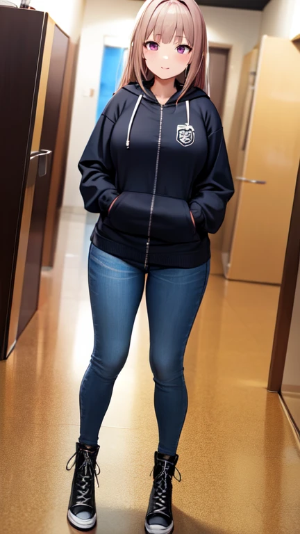 (5 foot 5 inch Anime girl wearing a ((red zip up hoodie)), (blue jeans), and black knee high lace up converse boots with round toes), Large breasts, thick thighs, cute, full body image, sliver long hair, purple eyes, quality images, ((high quality faces)), underground, standing, shy and cutely posing