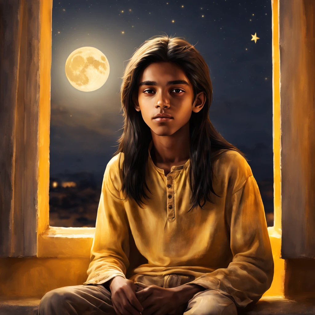  very slim young boy,  y.o, thin face, Moroccan, brown skin color, black straight long hair, long hair, straight hair, sitting by the window under the warm light of a yellow full moon, stars in the sky, full moon, night, warm tones, soft colors, realistic, cinematic, ultra quality