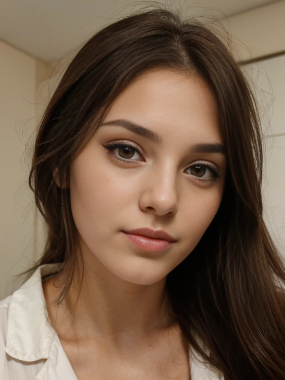 arafed woman, hazel eyes, portrait, brown hair , centered passport like photo, bedroom eyes, natural makeup, looking directly at the camera, face with artgram, subtle makeup, only one beautiful girl