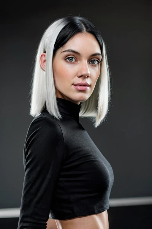 (half body postrait: 1.4) RAW 4k, beautiful girl 25 years old named Alyna, chin-length hair, white hair in front, black hair in back, jeans dressed, portrait, Realism, ccurate,