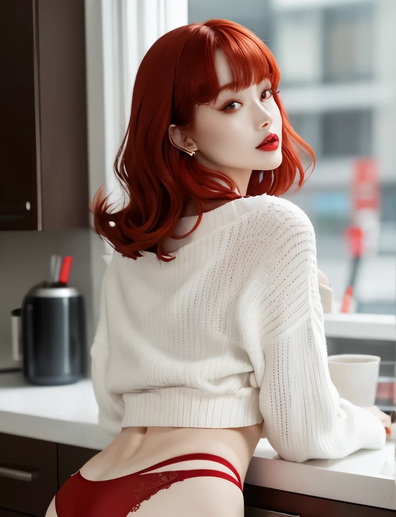 woman, red hair, red eyes, lipstick, white sweater, over the shoulder, panties, bangs with sides