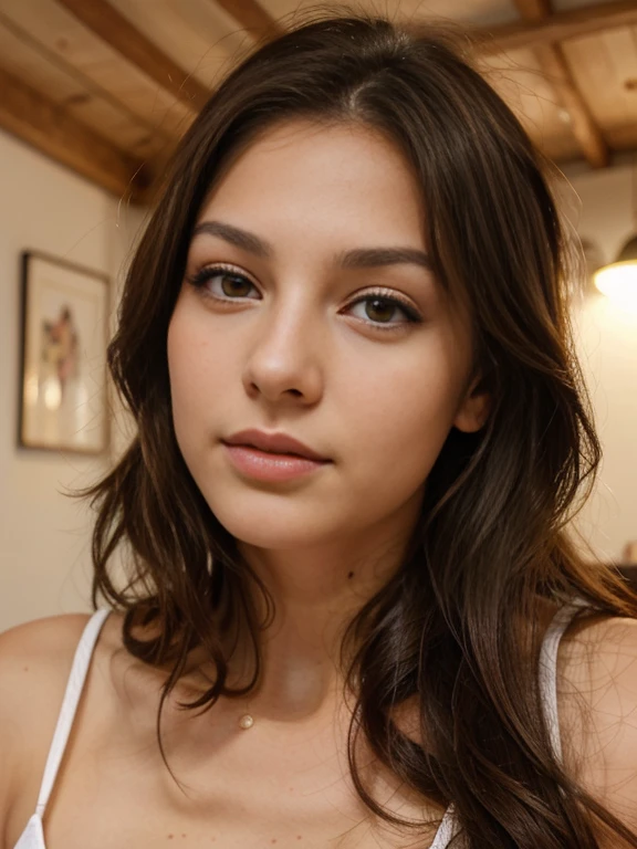 Photo of a 20 year old brunette woman., que tiene una cara muy natural, labios delgados, ojos delgados, cejas finas, nariz fina, pendientes, long eyelashes. haciendo ejercicio