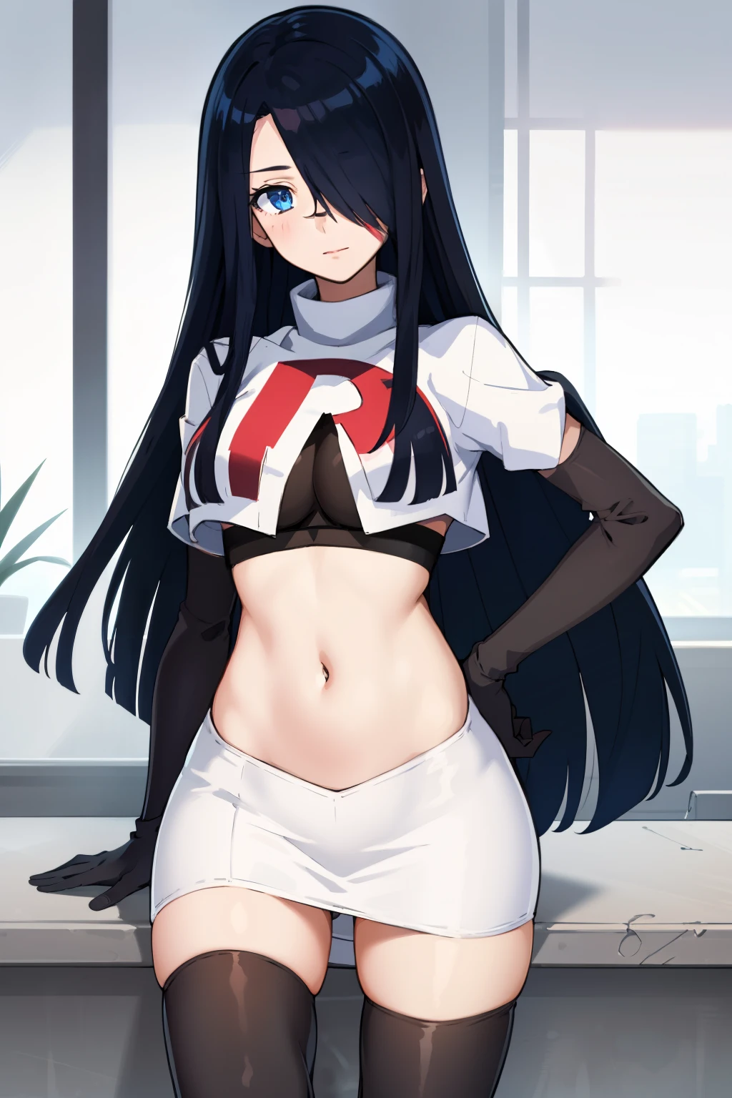 1girl, solo, (masterpiece, best quality:1.4), extremely detailed face, perfect lighting, pawoonekoyanagi, hair over one eye, very long hair, black hair, blue eyes, scar, burn scar, team rocket,team rocket uniform,white skirt,crop top,black thigh-highs,black elbow gloves,