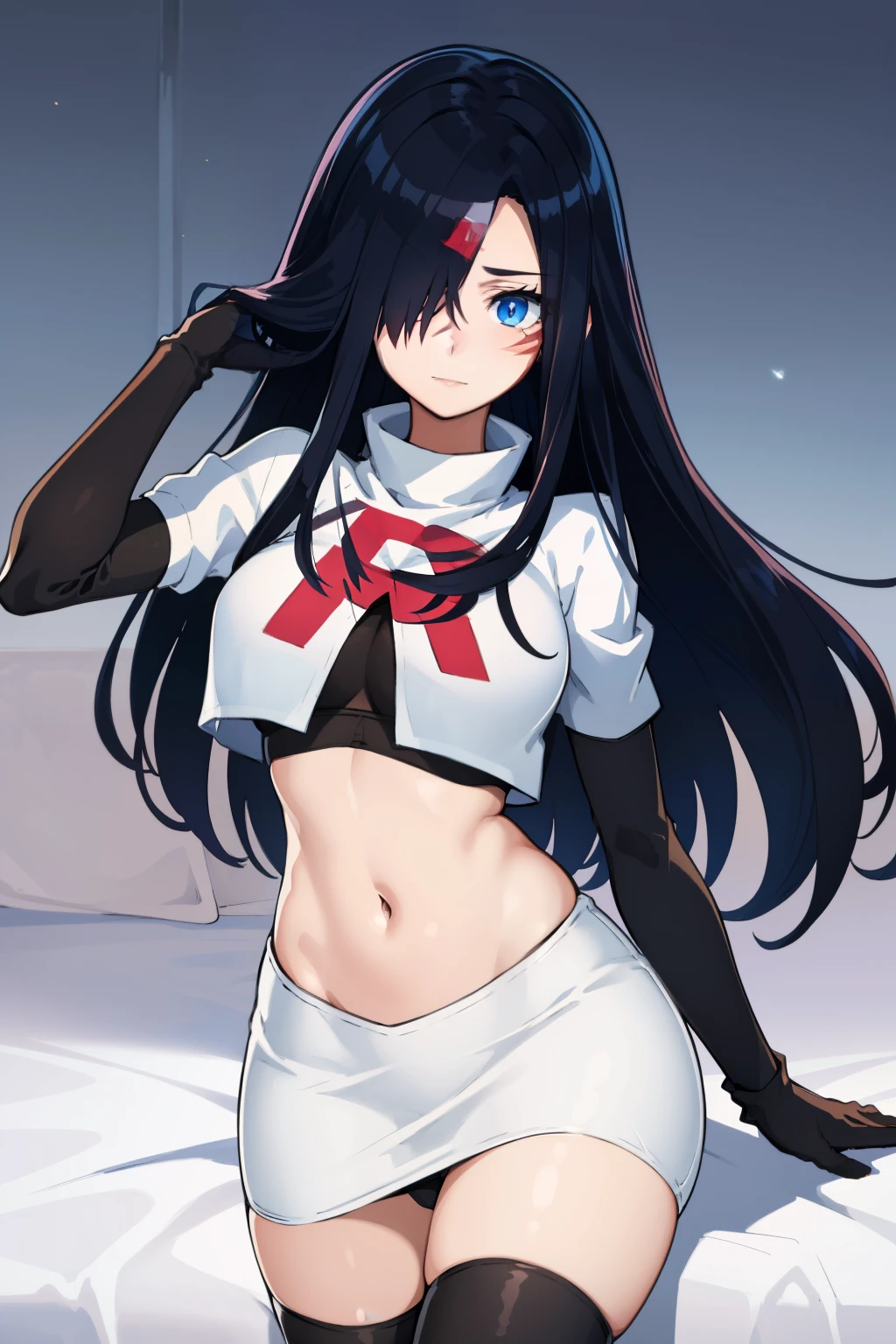 1girl, solo, (masterpiece, best quality:1.4), extremely detailed face, perfect lighting, pawoonekoyanagi, hair over one eye, very long hair, black hair, blue eyes, scar, burn scar, team rocket,team rocket uniform,white skirt,crop top,black thigh-highs,black elbow gloves,